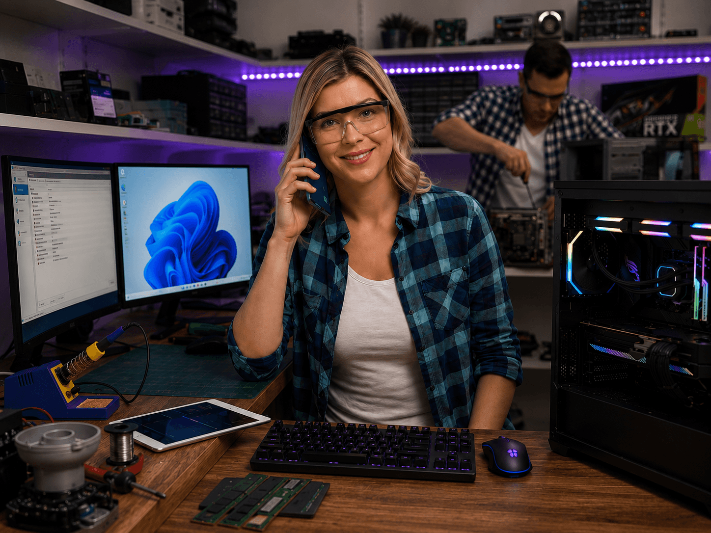 Tekniker på telefon och kollega som reparerar gaming-PC i verkstaden hos Datorhjälp Lerum Tekniker på telefon och kollega som reparerar gaming-PC i verkstaden hos Datorhjälp Lerum
