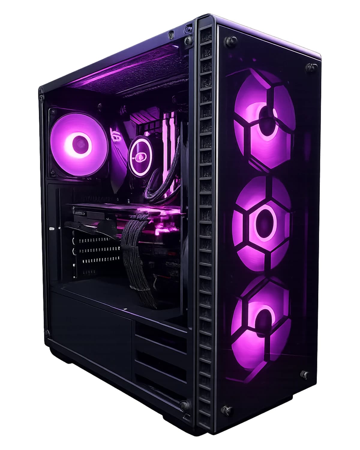 Gamingdator med RTX 5070 och Intel Core i5-14600KF och 64 GB DDR5 är vå och 64 GB DDR5 — helhetsvy